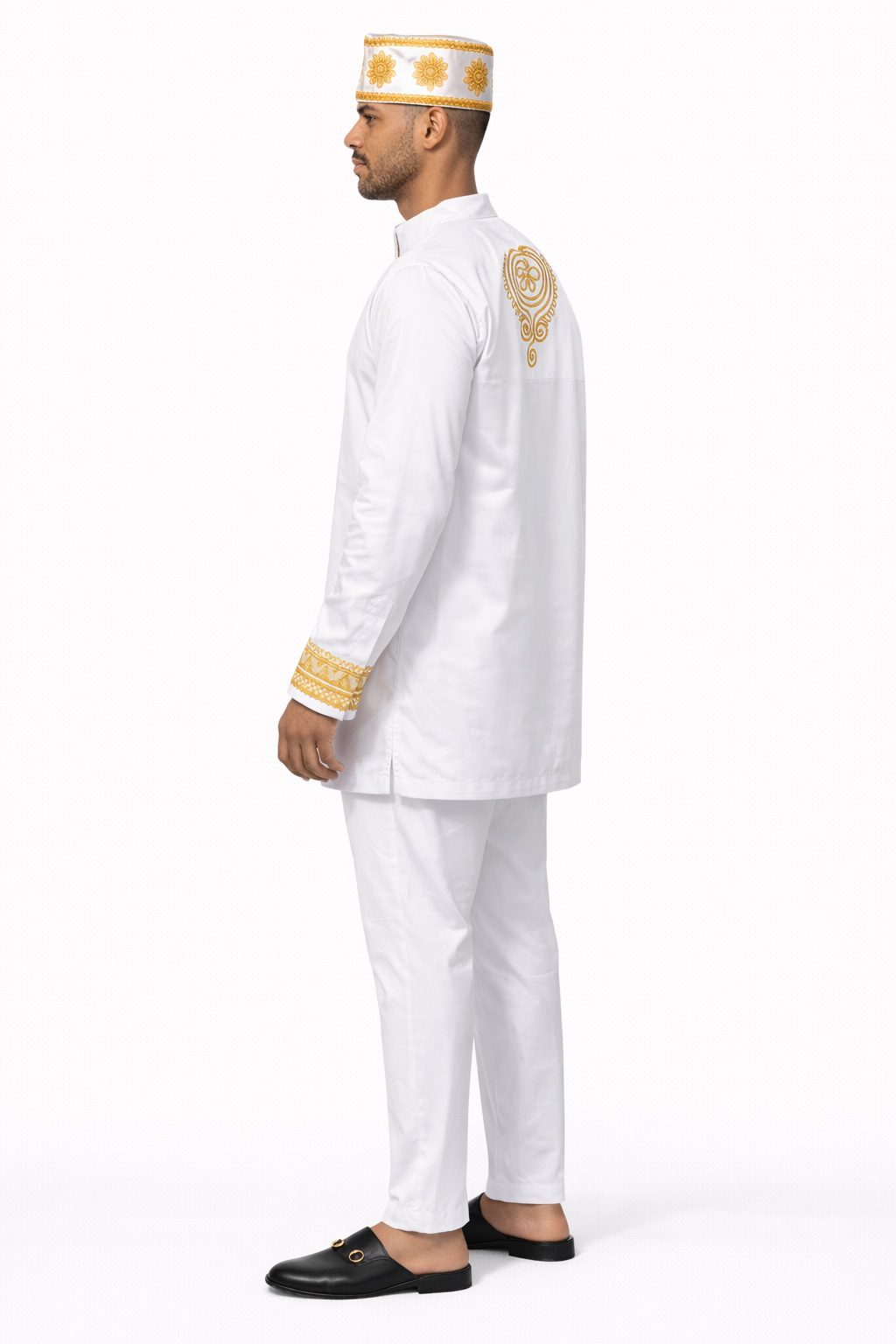 Men’s White & Gold Embroidered Traditional Top and Trouser Set