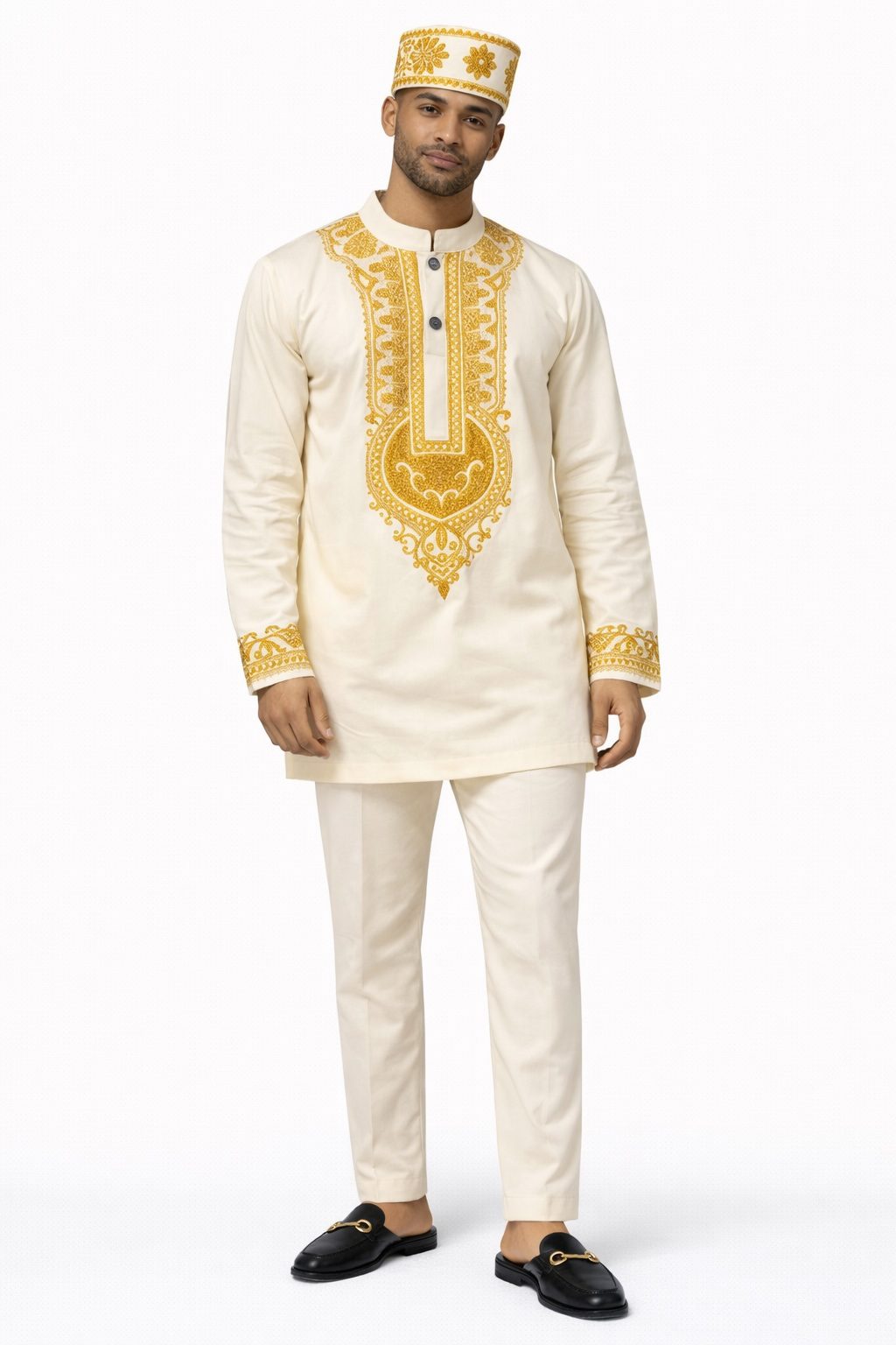 Men’s White & Gold Embroidered Traditional Top and Trouser Set