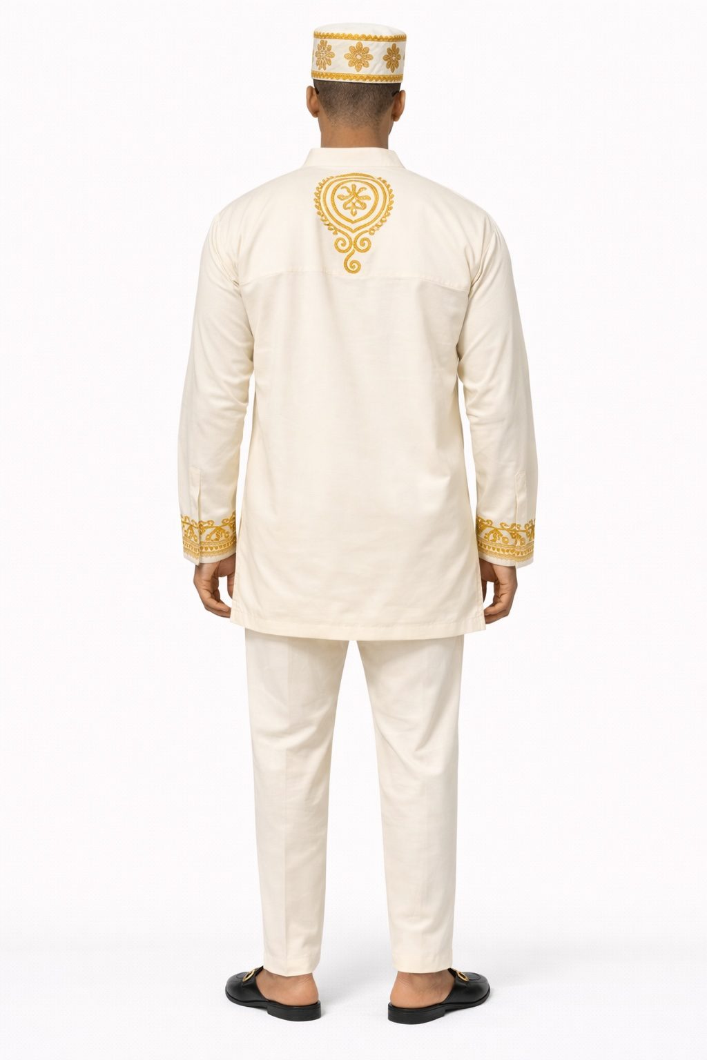Men’s White & Gold Embroidered Traditional Top and Trouser Set