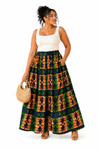 Women’s African Print Maxi Skirt with Pockets, High Waist Ankara Skirt, Orange Green Navy