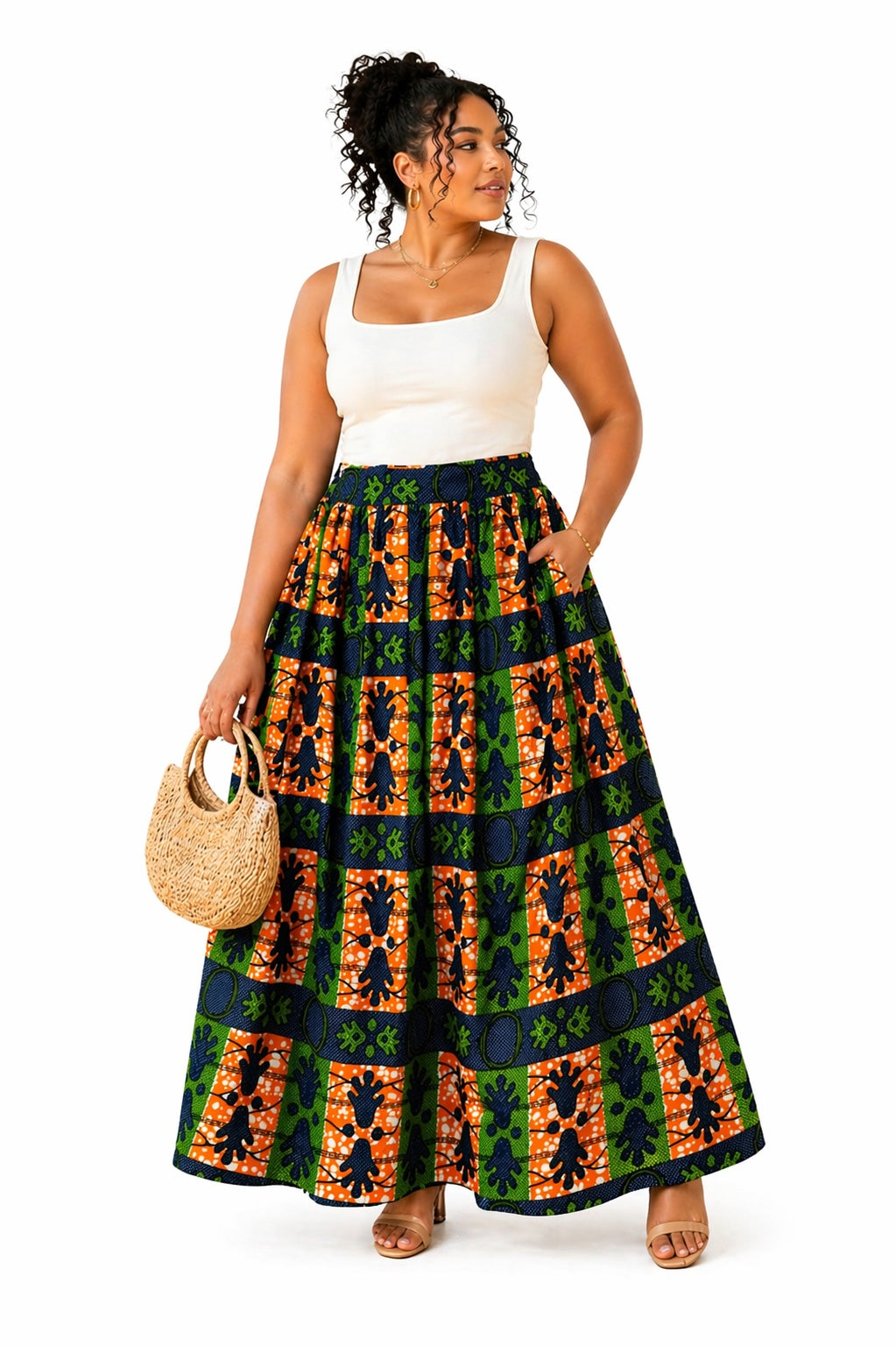Women’s African Print Maxi Skirt with Pockets, High Waist Ankara Skirt, Orange Green Navy