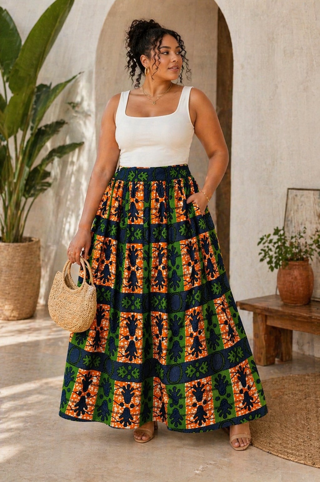 Women’s African Print Maxi Skirt with Pockets, High Waist Ankara Skirt, Orange Green Navy