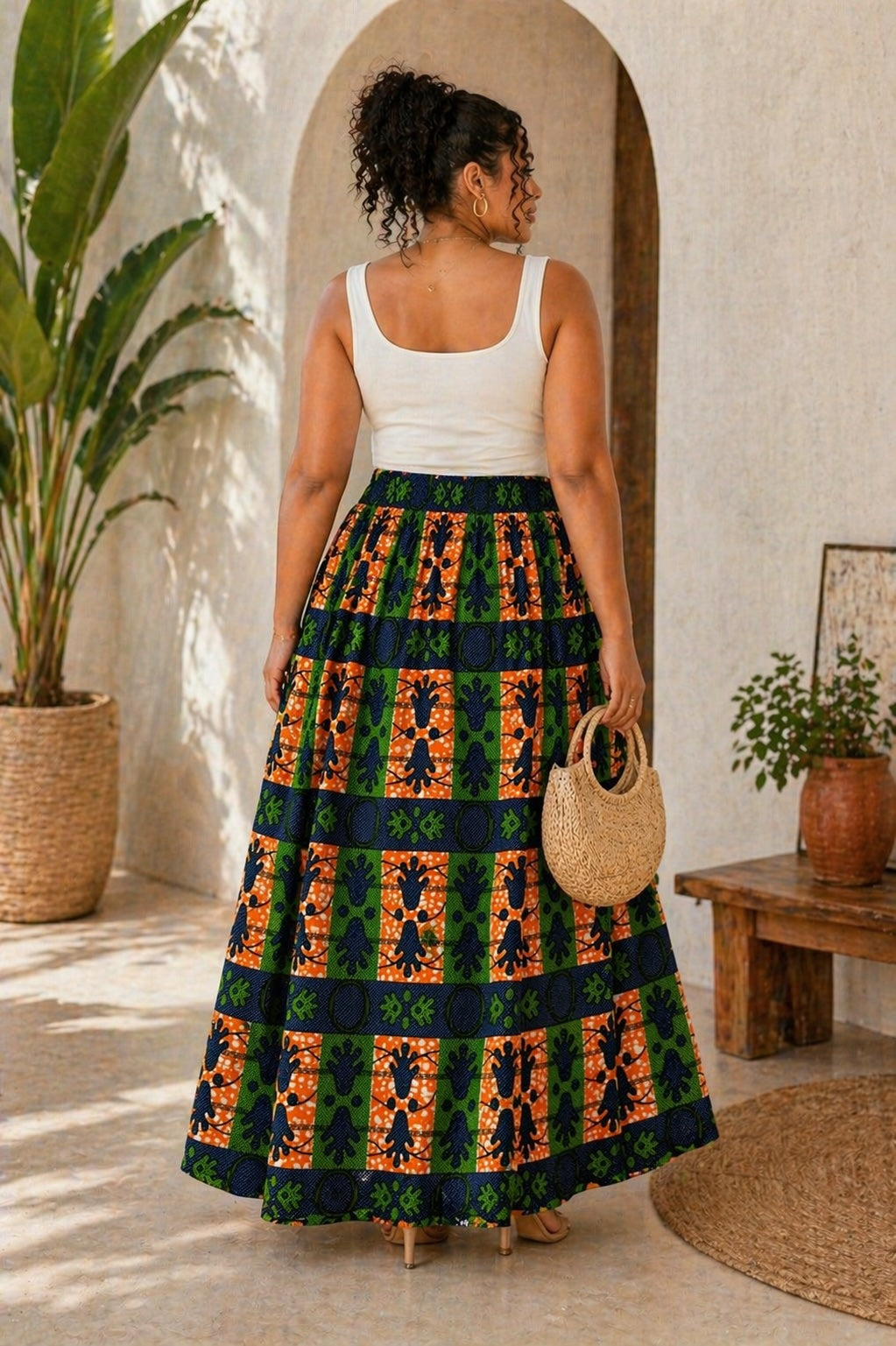 Women’s African Print Maxi Skirt with Pockets, High Waist Ankara Skirt, Orange Green Navy