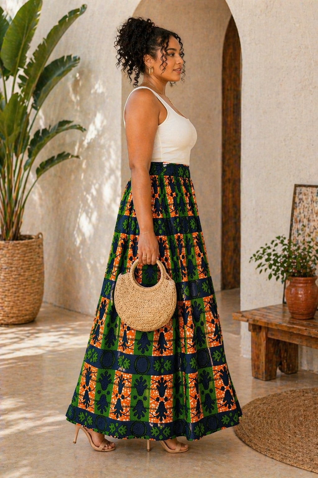 Women’s African Print Maxi Skirt with Pockets, High Waist Ankara Skirt, Orange Green Navy