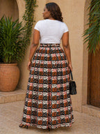 Women’s African Print Maxi Skirt with Pockets, High Waist Ankara Skirt, Brown Black Cream Long Skirt