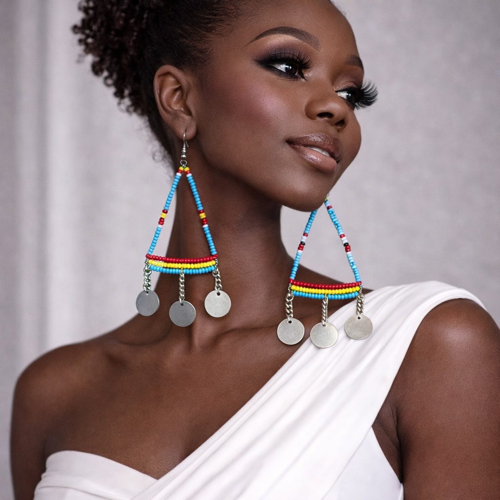 Handmade African Beaded Triangle Drop Earrings