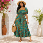 Green African Print Smock Midi Dress
