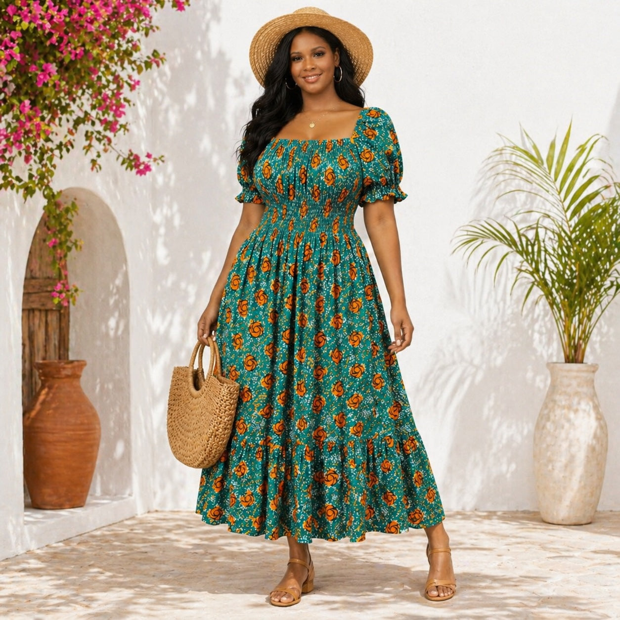 Green African Print Smock Midi Dress