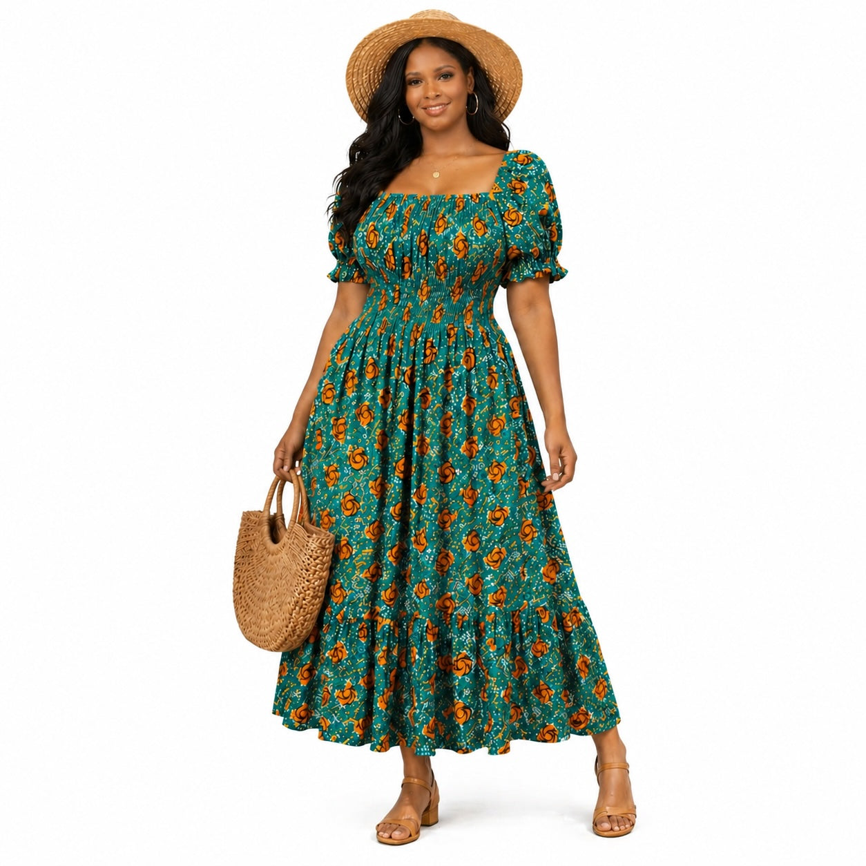 Green African Print Smock Midi Dress