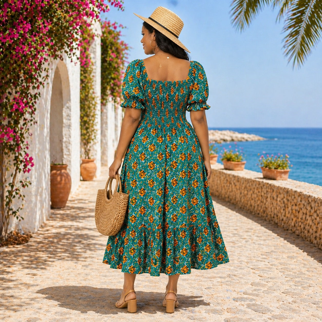 Green African Print Smock Midi Dress