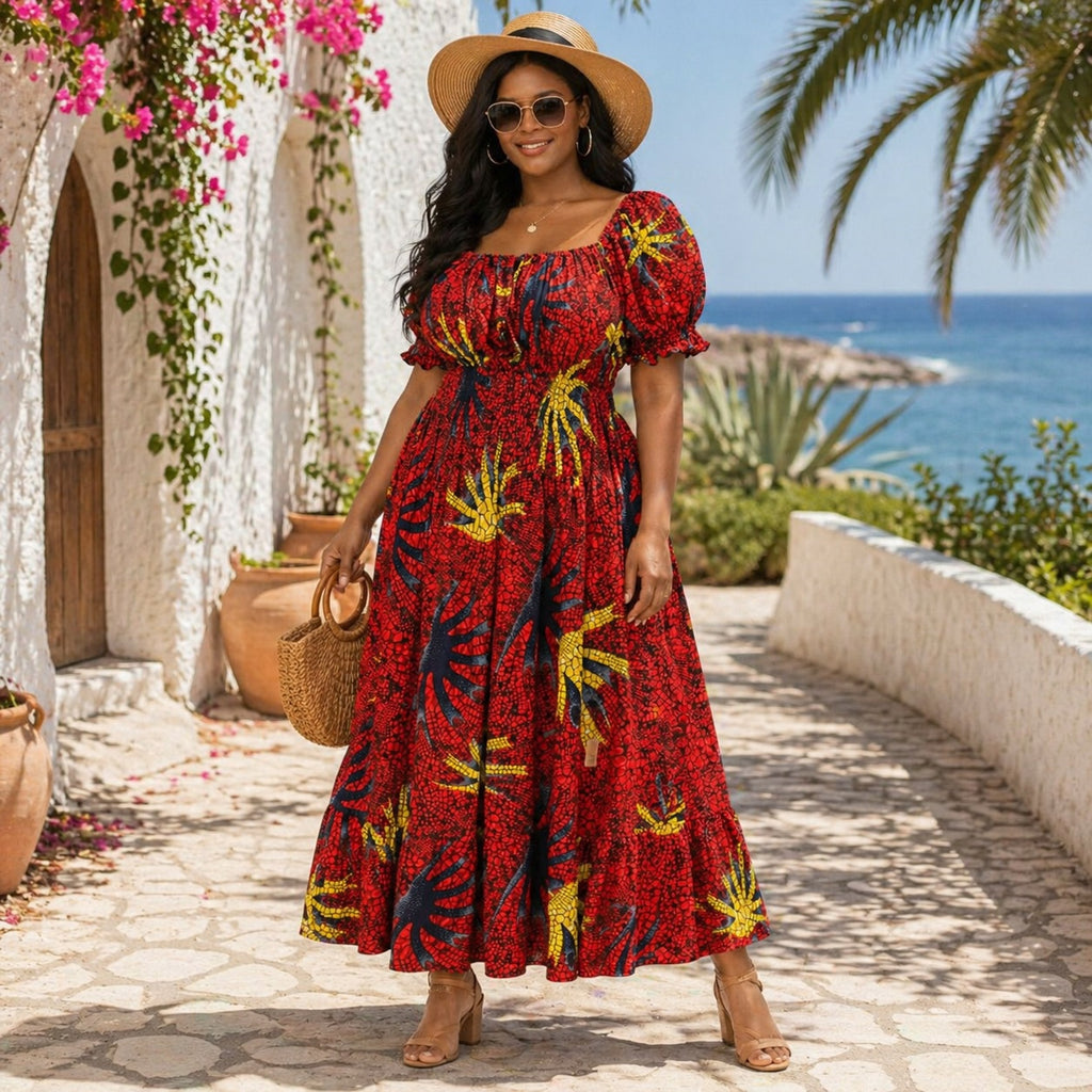 Red African Print Smock Maxi Dress