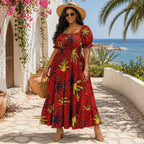 Red African Print Smock Maxi Dress