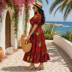 Red African Print Smock Maxi Dress