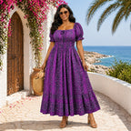 Purple African Print Maxi Dress – Puff Sleeve Smocked Ankara Dress