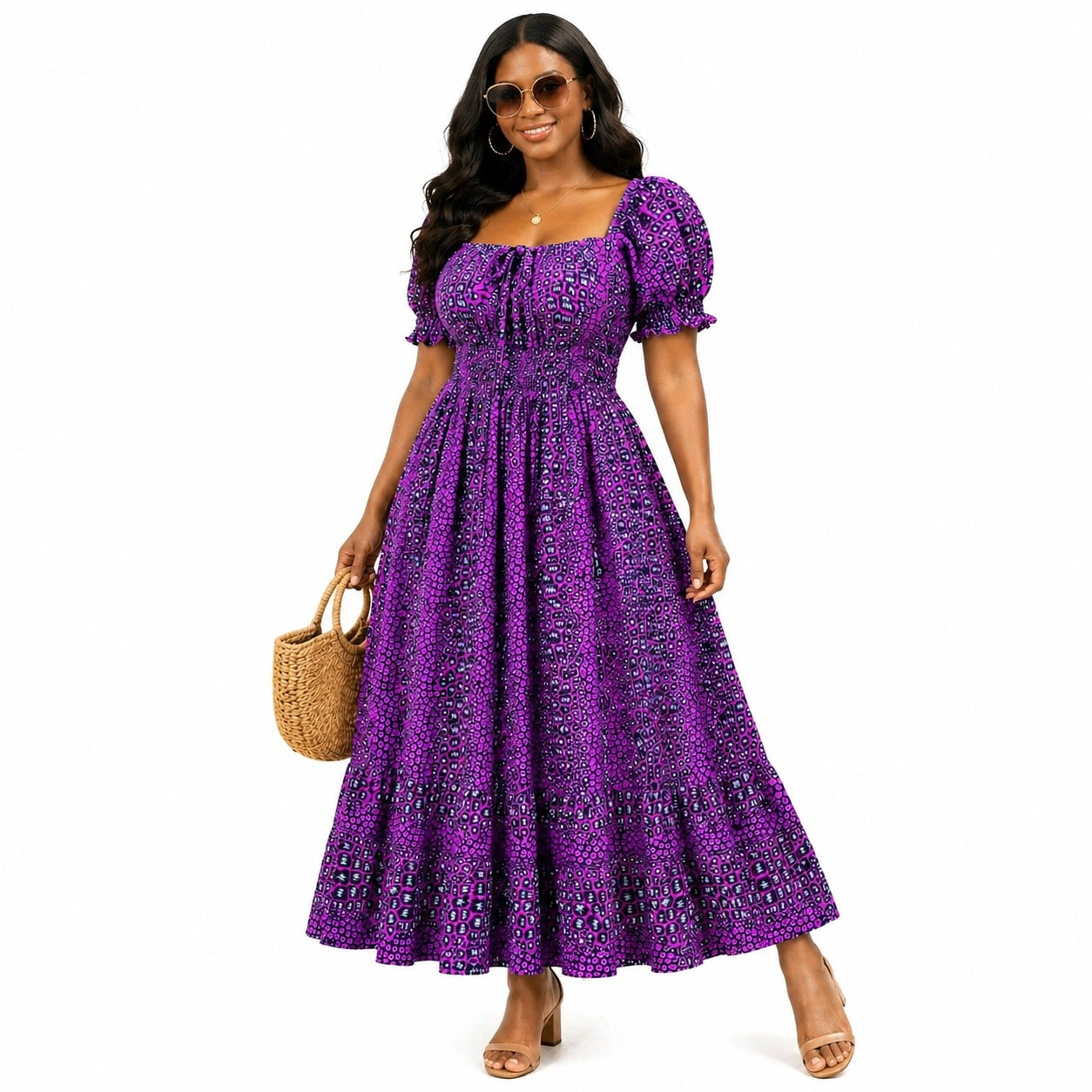 Purple African Print Maxi Dress – Puff Sleeve Smocked Ankara Dress