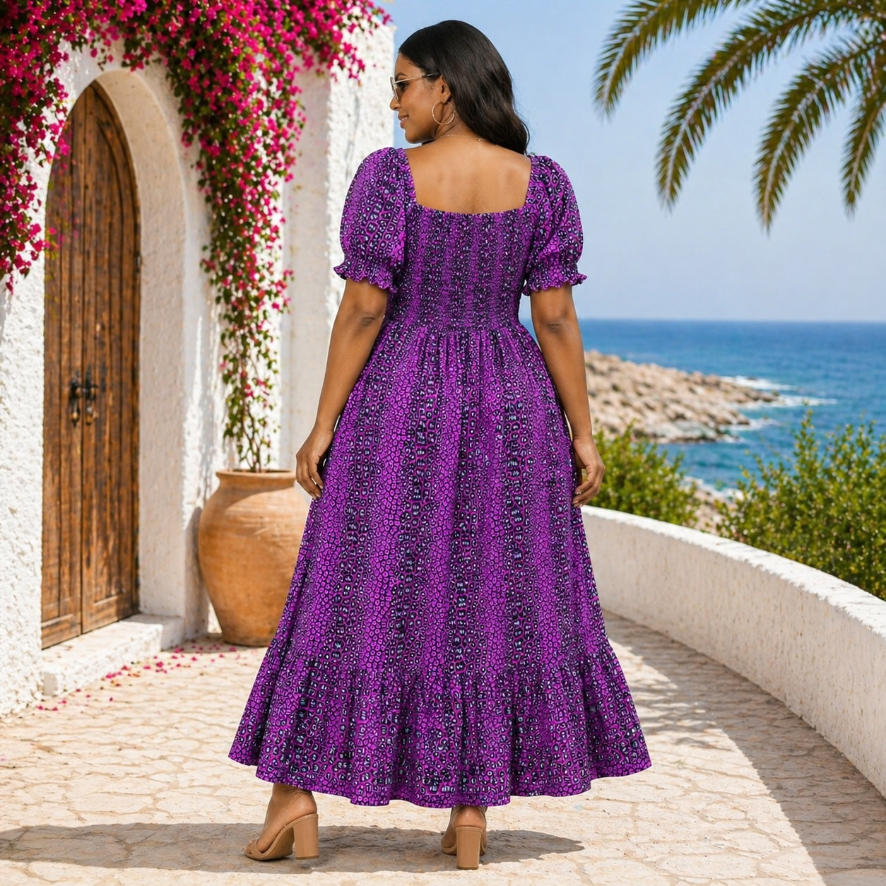 Purple African Print Maxi Dress – Puff Sleeve Smocked Ankara Dress