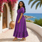 Purple African Print Maxi Dress – Puff Sleeve Smocked Ankara Dress