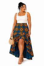 Women’s African Print High Low Skirt, Ankara Asymmetrical Skirt, Blue Gold Midi Maxi Skirt