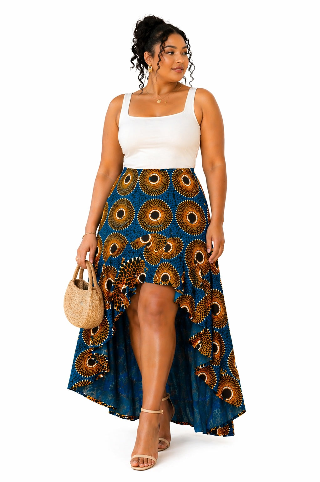 Women’s African Print High Low Skirt, Ankara Asymmetrical Skirt, Blue Gold Midi Maxi Skirt