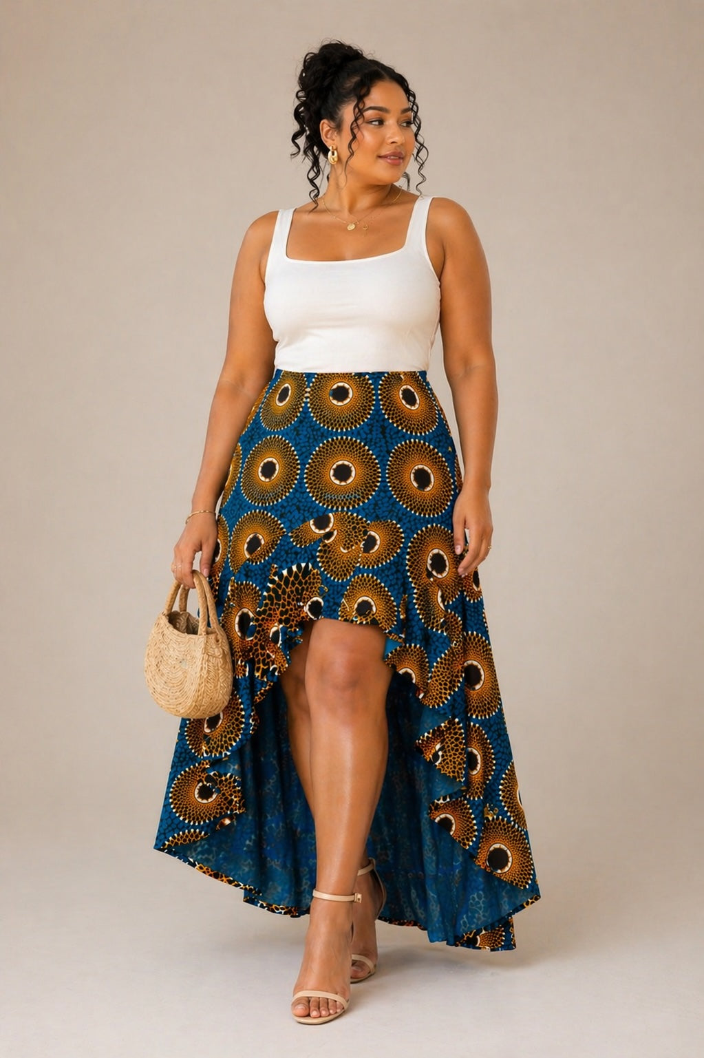 Women’s African Print High Low Skirt, Ankara Asymmetrical Skirt, Blue Gold Midi Maxi Skirt