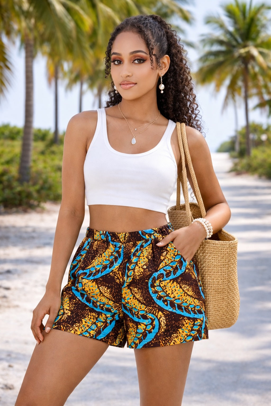 Women’s African Print Shorts – Brown, Mustard and Blue High Waist Ankara Summer Shorts with Pockets