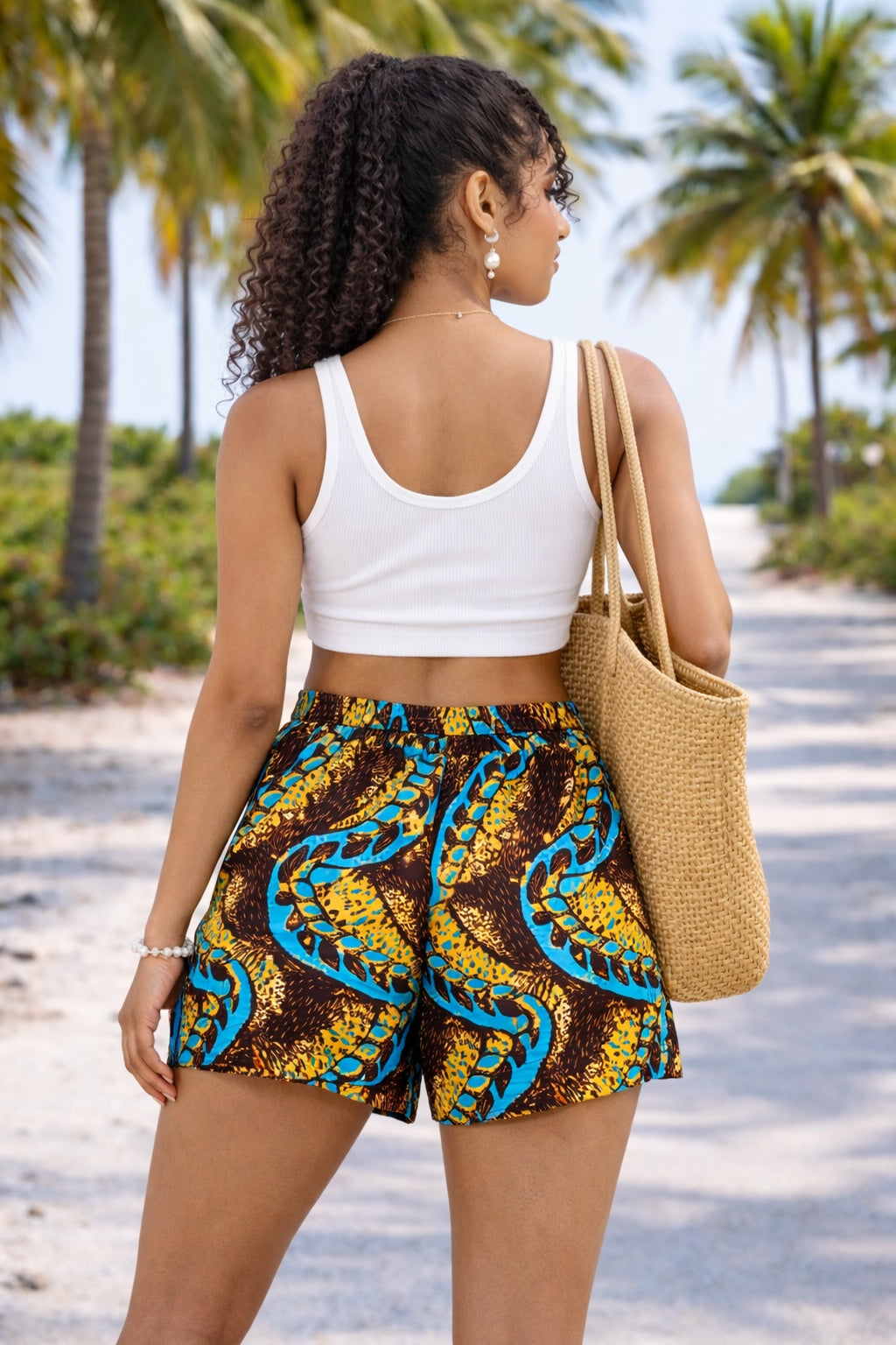 Women’s African Print Shorts – Brown, Mustard and Blue High Waist Ankara Summer Shorts with Pockets