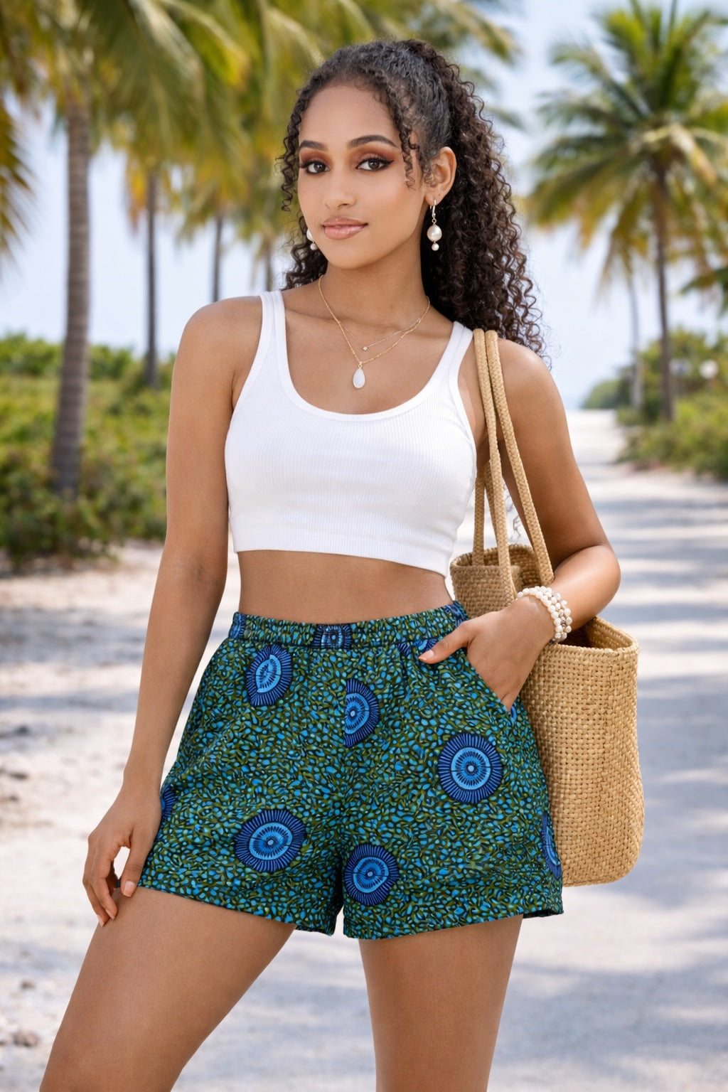Women’s African Print Shorts – Green and Blue High Waist Ankara Summer Shorts with Pockets