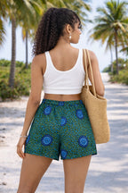 Women’s African Print Shorts – Green and Blue High Waist Ankara Summer Shorts with Pockets