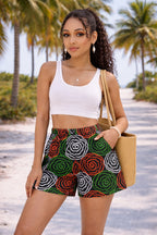 Women’s African Print Shorts – Black, Green, Red and White High Waist Ankara Summer Shorts with Pockets