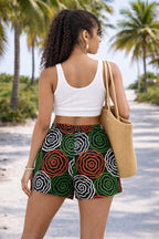 Women’s African Print Shorts – Black, Green, Red and White High Waist Ankara Summer Shorts with Pockets