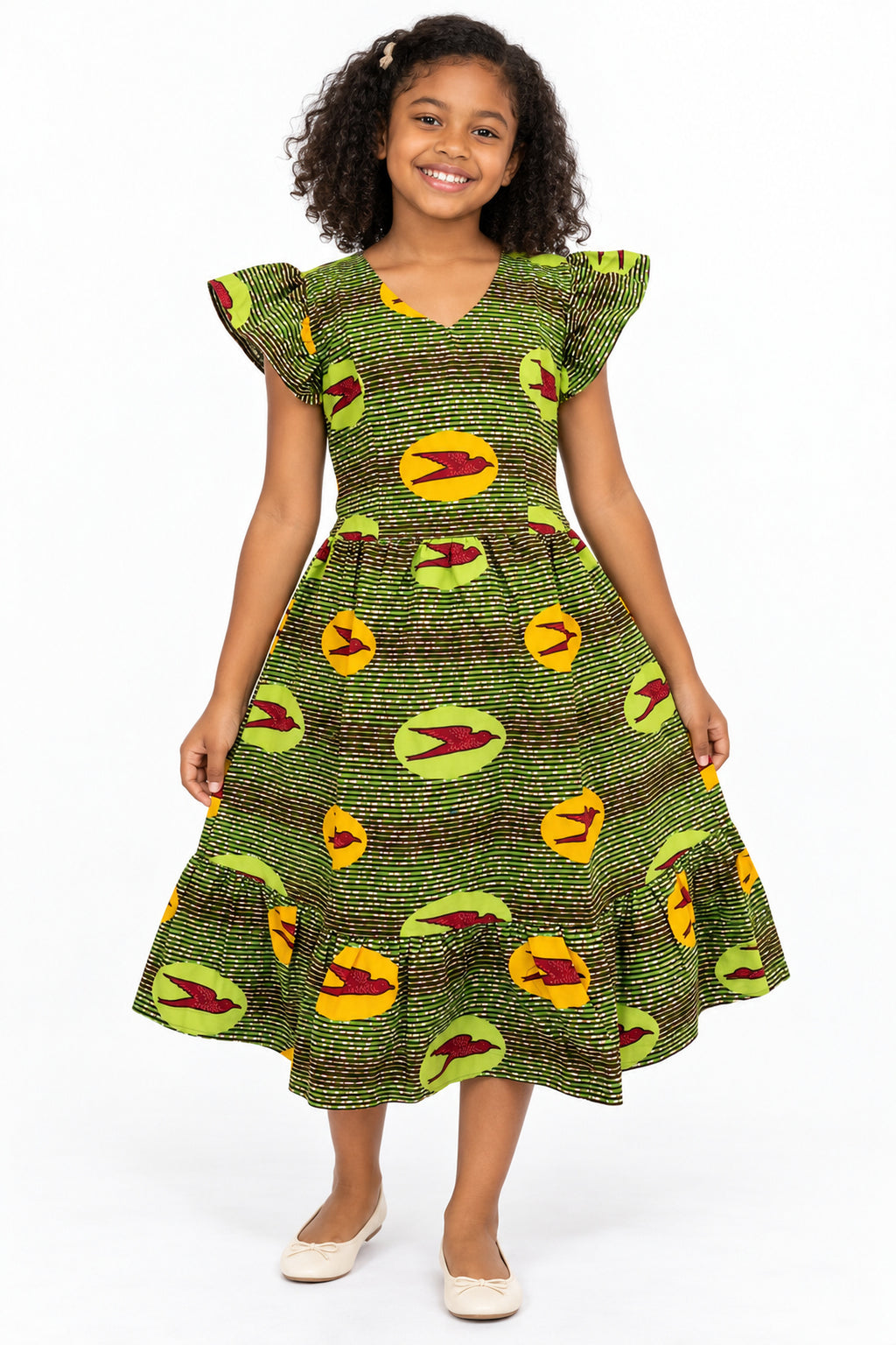 Girls African Print Green Bird Pattern Flutter Sleeve Midi Dress