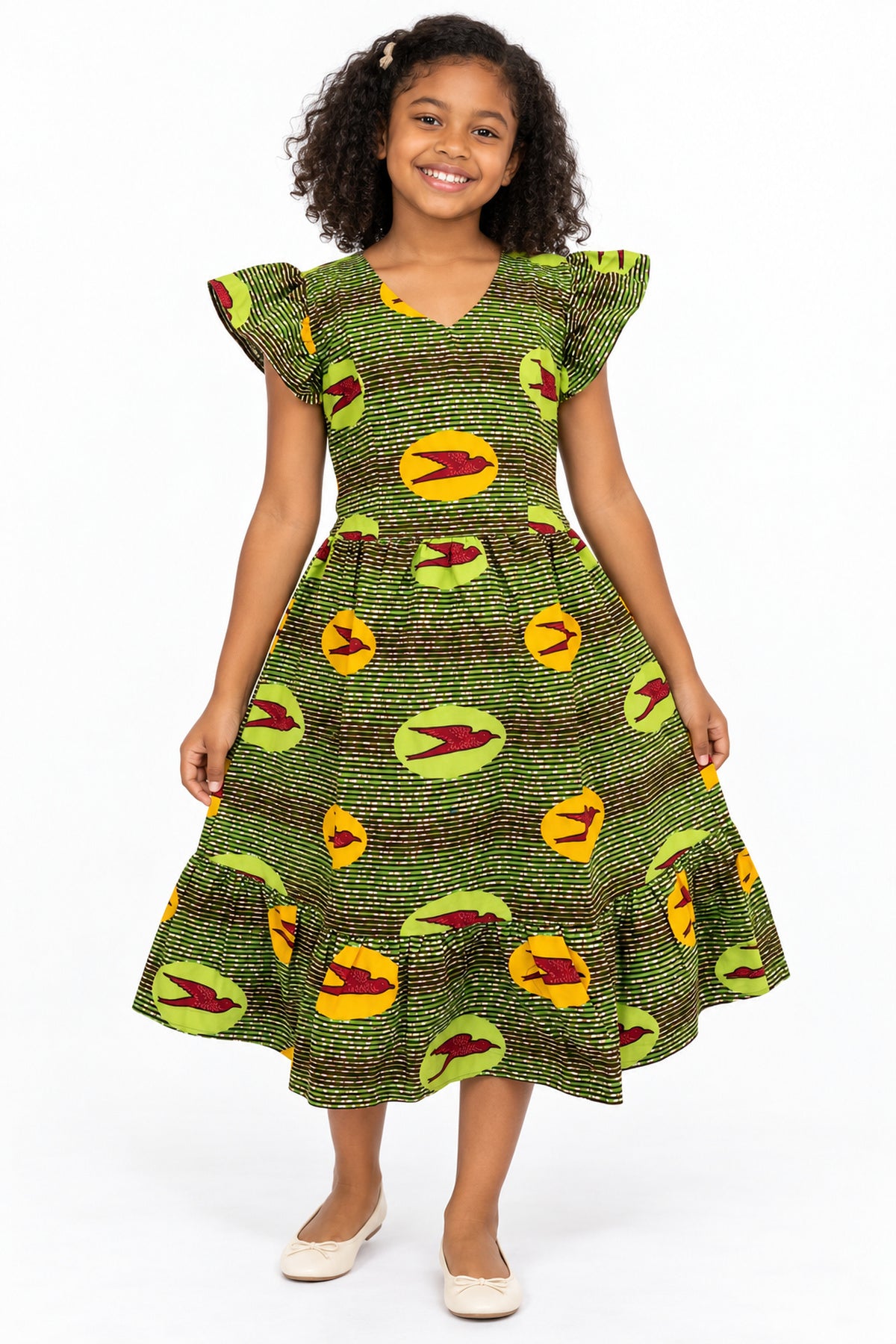 Girls African Print Green Bird Pattern Flutter Sleeve Midi Dress