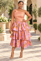 Rose Gold One-Shoulder Tiered Midi Dress – Elegant Occasion Dress