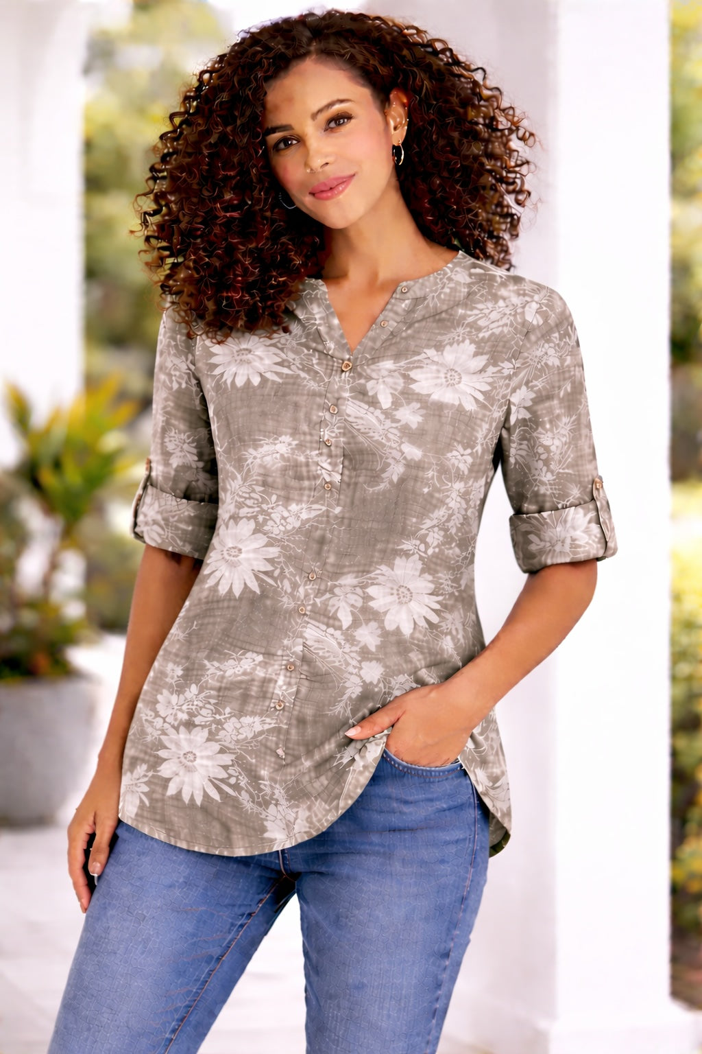 Women’s Floral One Button Cotton Shirt Blouse
