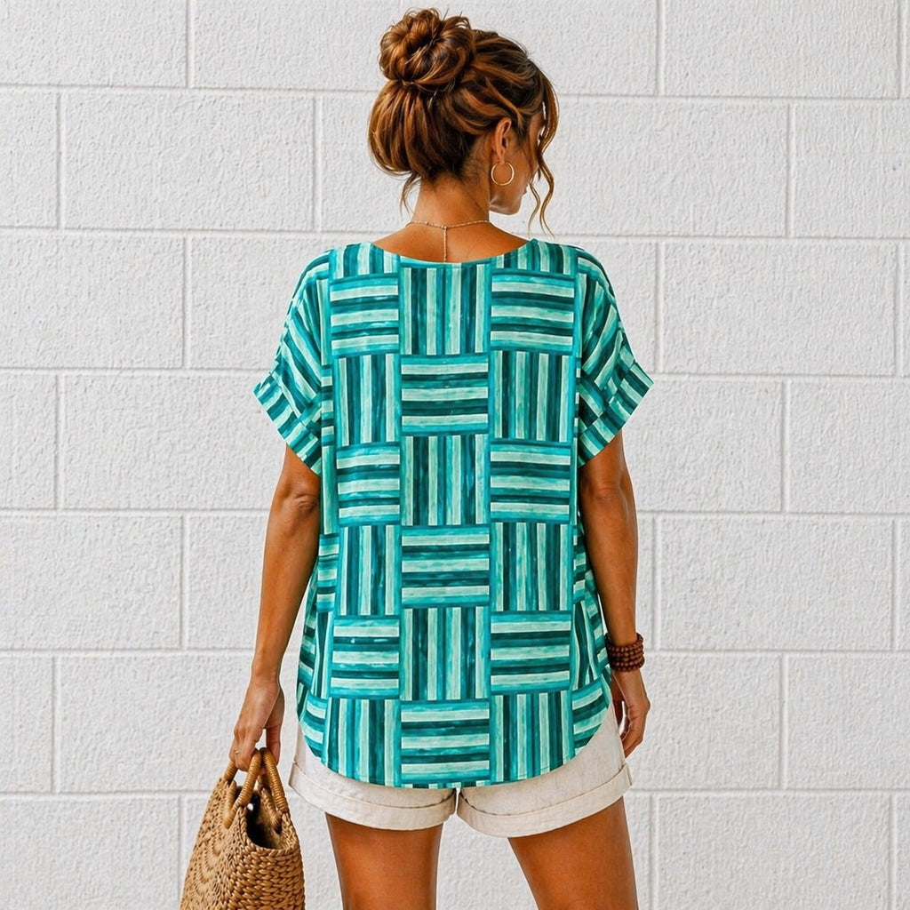 Women’s Geometric Stripe Print Cotton Top – Relaxed Summer Blouse