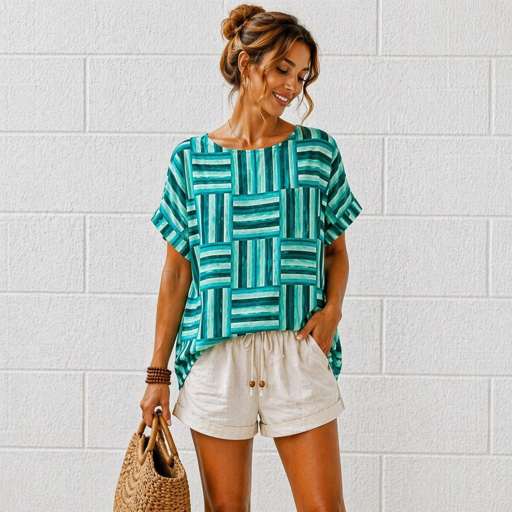 Women’s Geometric Stripe Print Cotton Top – Relaxed Summer Blouse