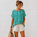 Women’s Geometric Stripe Print Cotton Top – Relaxed Summer Blouse
