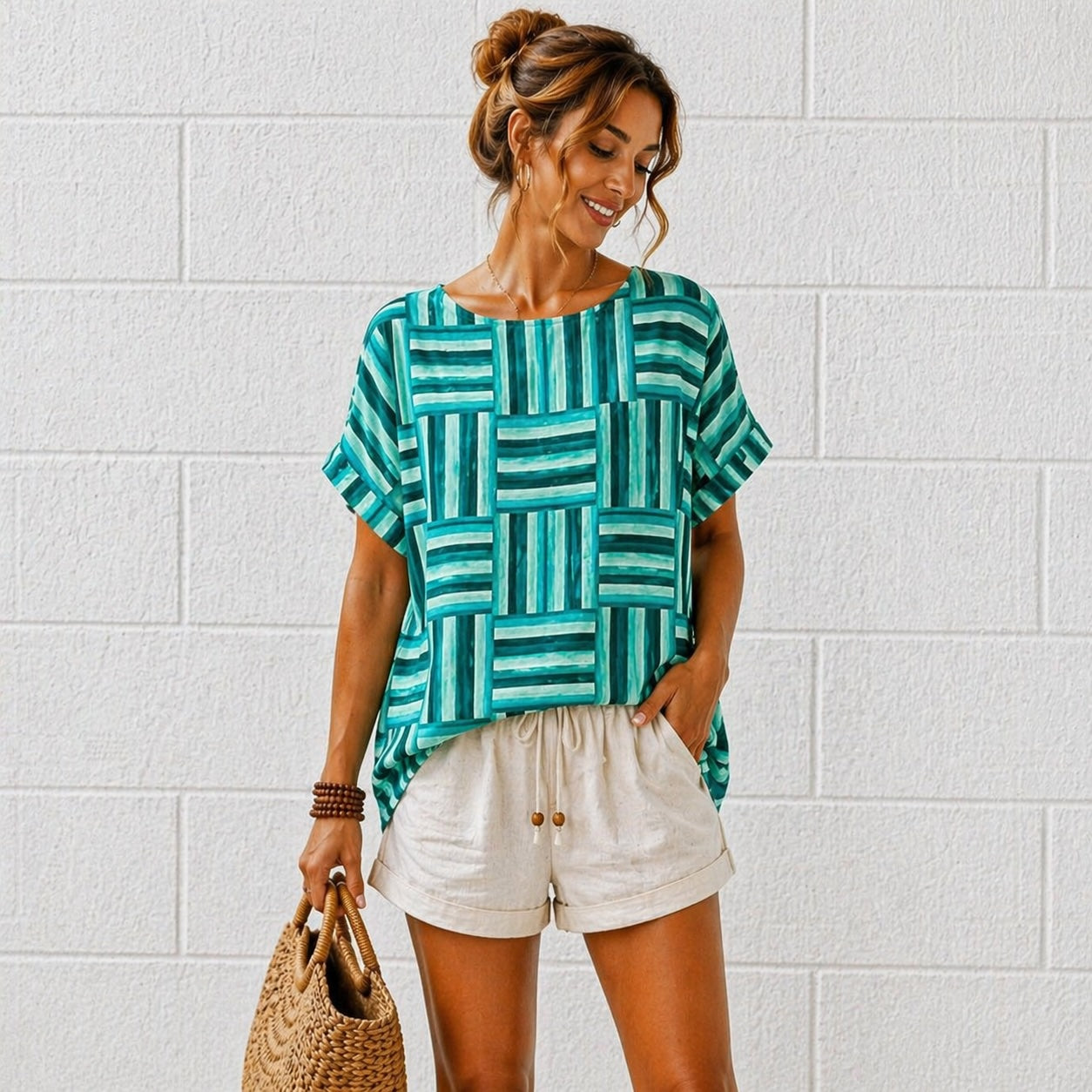 Women’s Geometric Stripe Print Cotton Top – Relaxed Summer Blouse