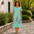 Women’s Floral Print Linen Tunic Short Sleeve Dress – Free Size