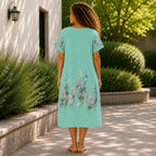 Women’s Floral Print Linen Tunic Short Sleeve Dress – Free Size