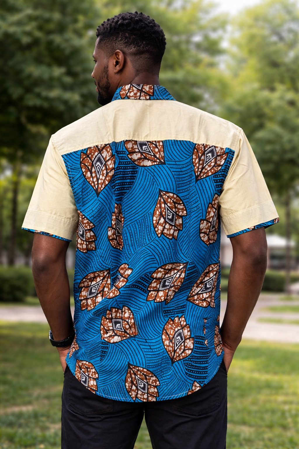 Men’s Blue African Print Shirt – Short Sleeve Ankara Patch Detail Shirt