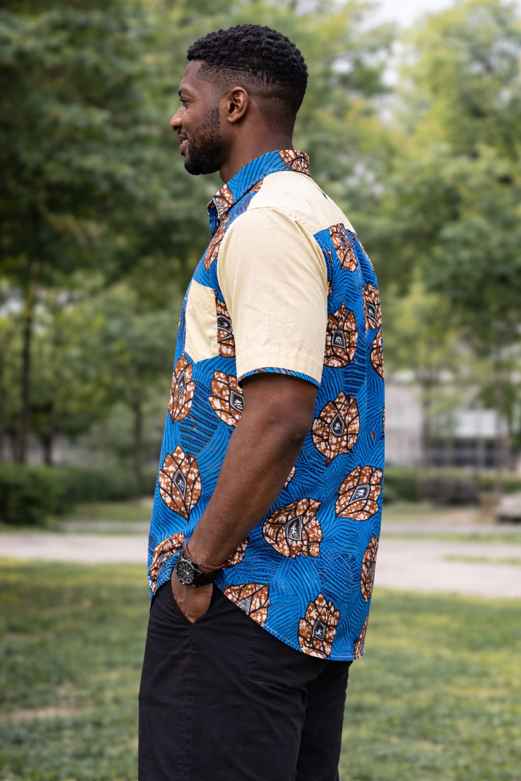 Men’s Blue African Print Shirt – Short Sleeve Ankara Patch Detail Shirt