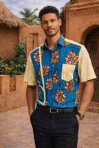 Men’s Blue African Print Shirt – Short Sleeve Ankara Patch Detail Shirt