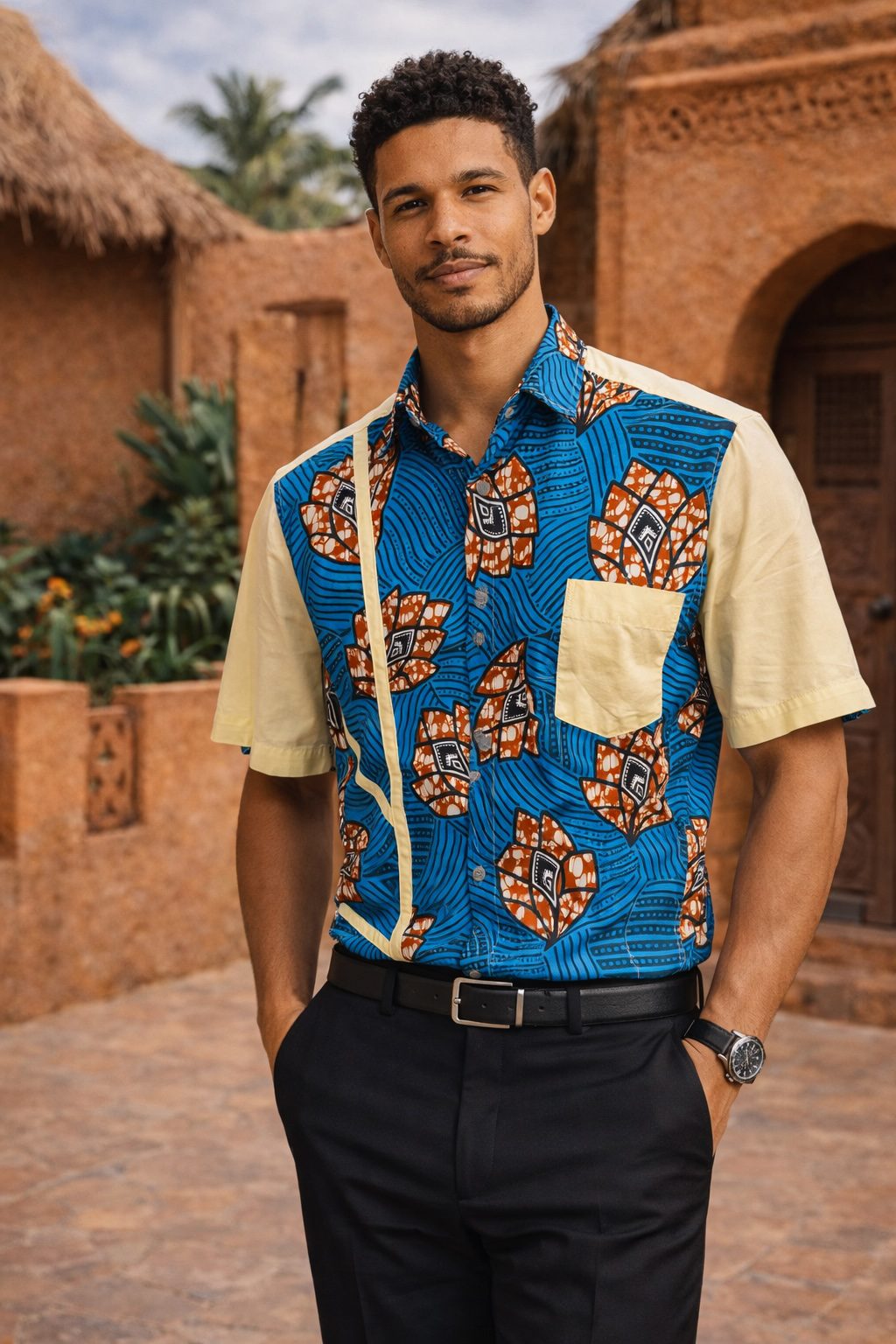 Men’s Blue African Print Shirt – Short Sleeve Ankara Patch Detail Shirt