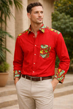 Men’s Red Shirt with African Print Detail – Long Sleeve Ankara Accent Shirt