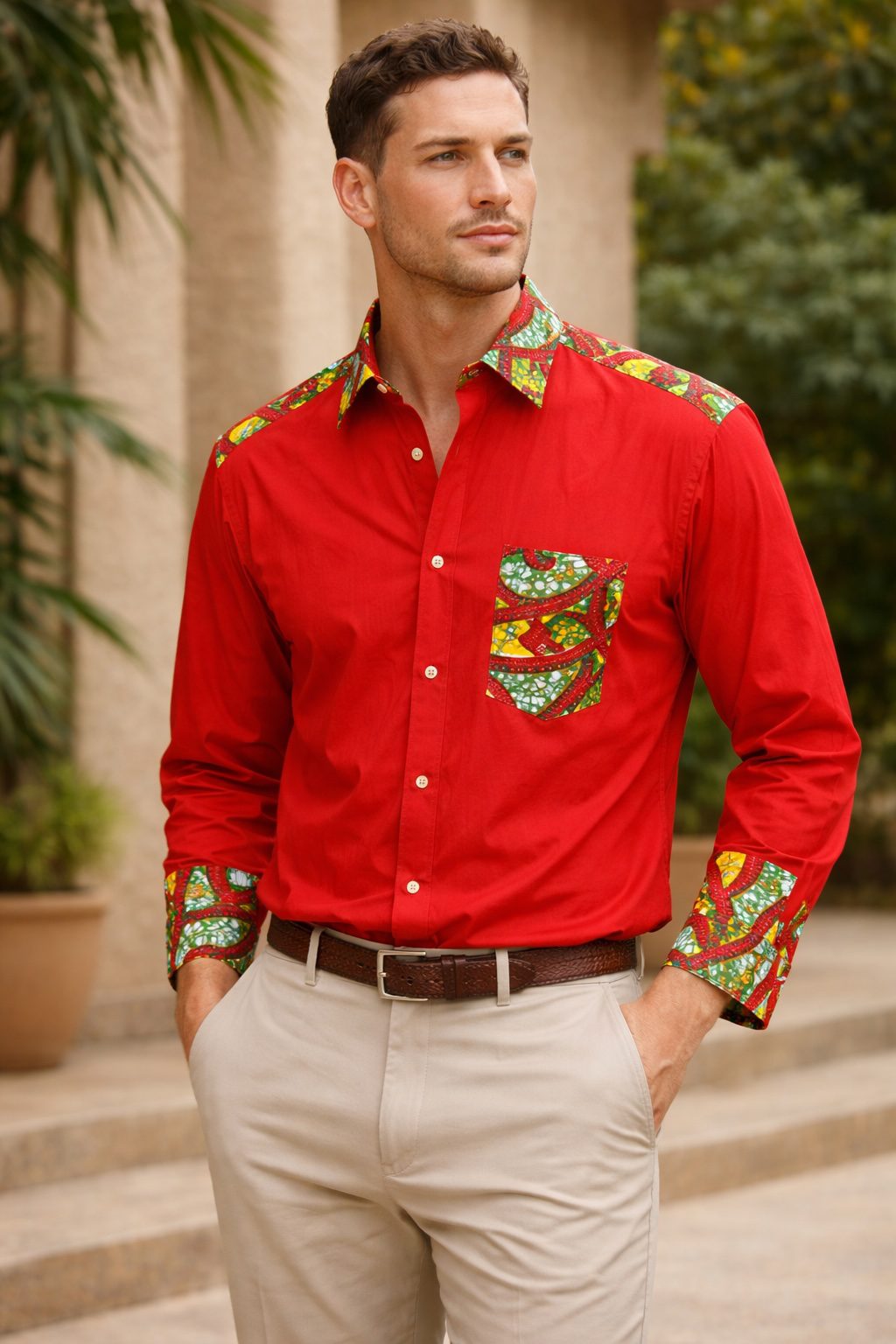 Men’s Red Shirt with African Print Detail – Long Sleeve Ankara Accent Shirt