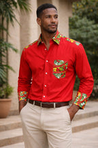 Men’s Red Shirt with African Print Detail – Long Sleeve Ankara Accent Shirt