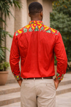 Men’s Red Shirt with African Print Detail – Long Sleeve Ankara Accent Shirt