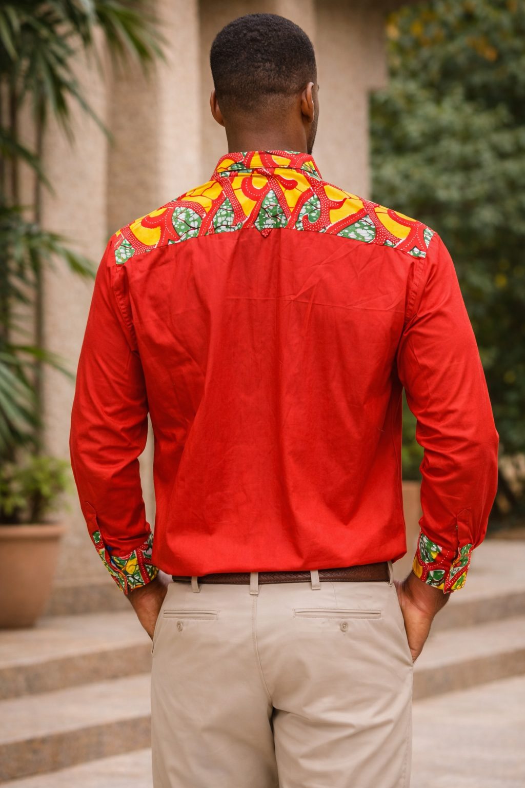 Men’s Red Shirt with African Print Detail – Long Sleeve Ankara Accent Shirt