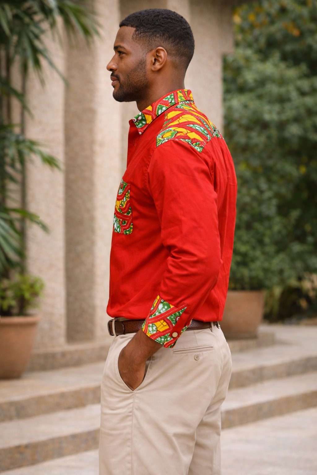 Men’s Red Shirt with African Print Detail – Long Sleeve Ankara Accent Shirt